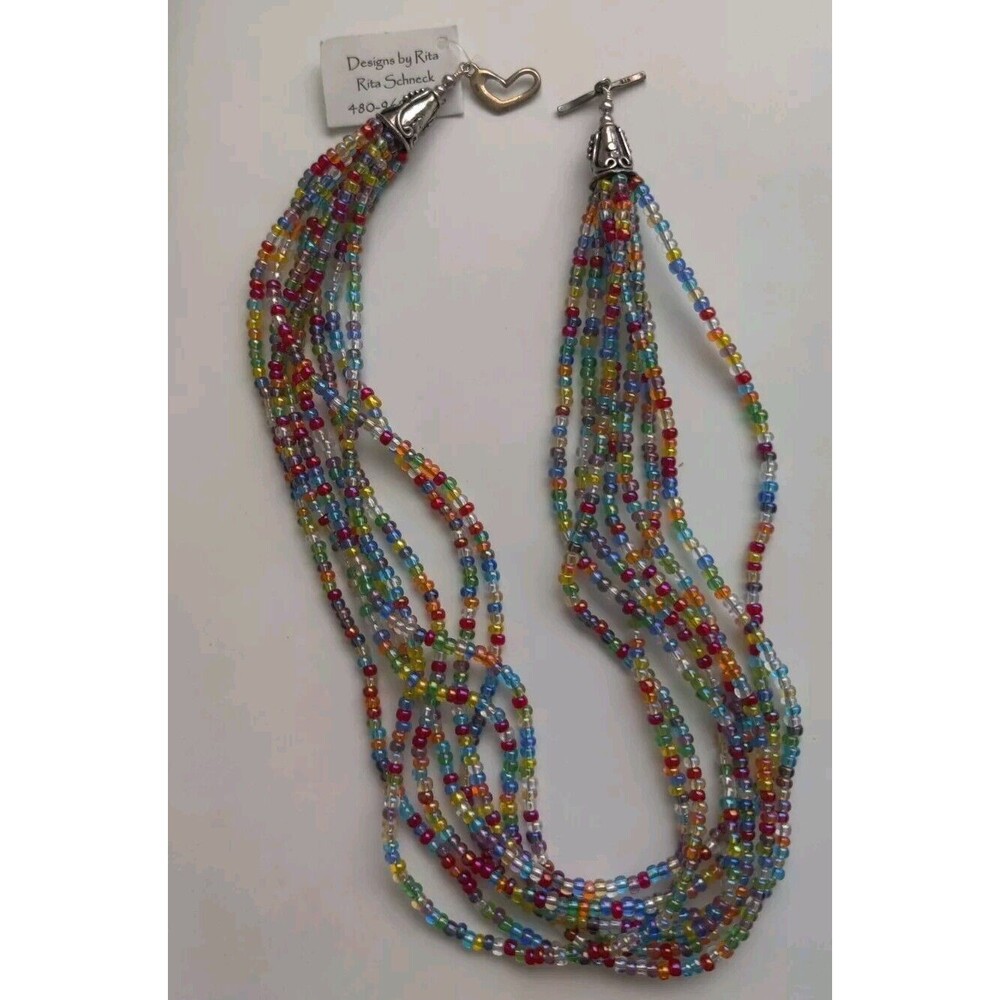Handmade 925 Silver Clasp Rainbow multi color glass beads 8 rows 30" Necklace